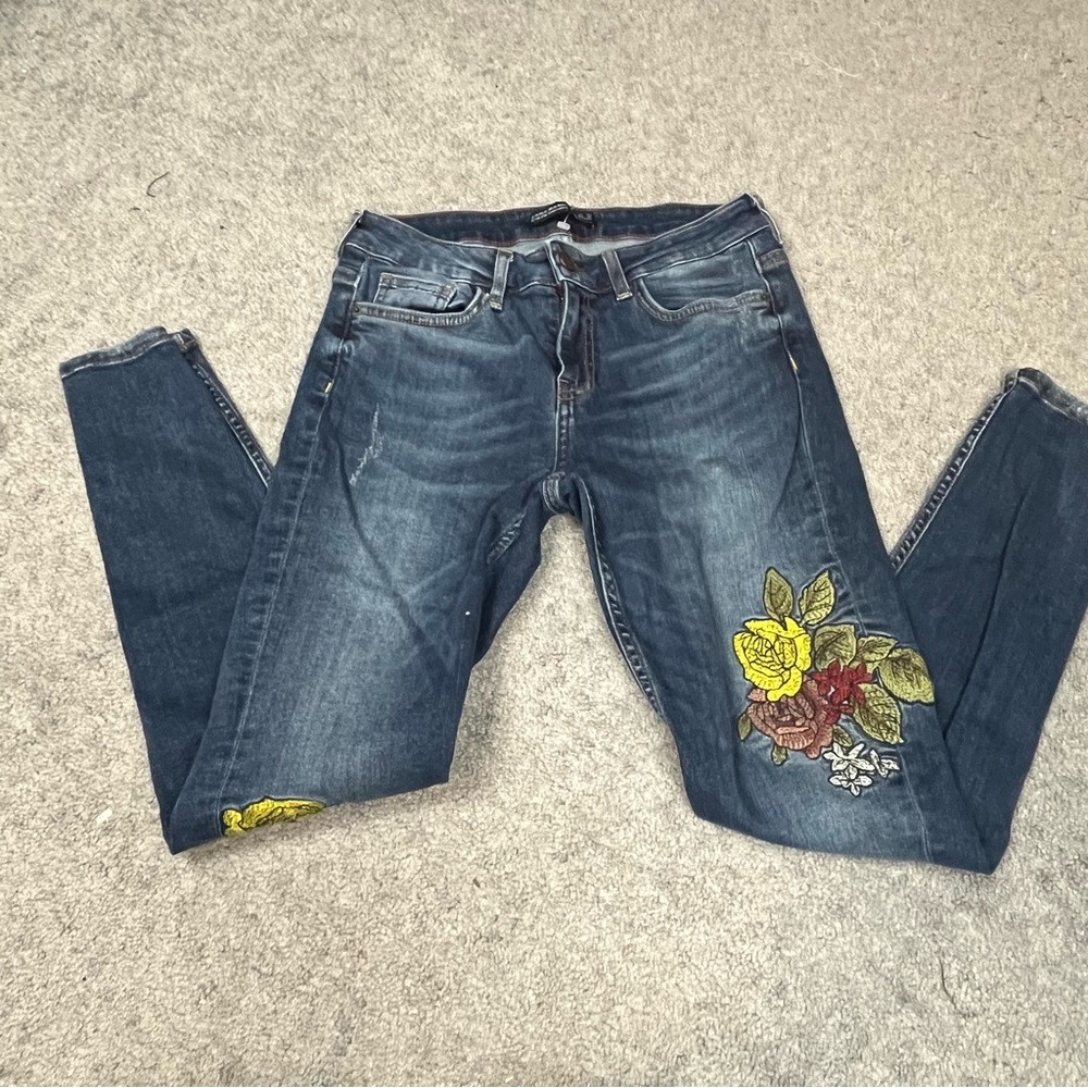 Zara Blue Skinny Jeans with Floral Embroidery